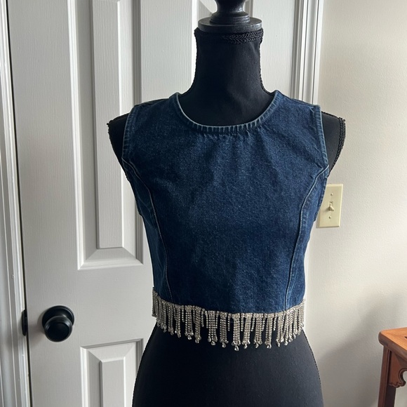 Altar'd State Blue Denim Crop Top with rhinestone Fringe - Picture 12 of 12